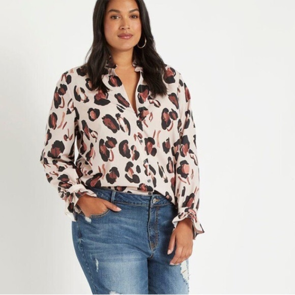 ELOQUII NWT Tan Animal Printed Button Down Shirt with Ruffle Neck Plus Size 16 - Picture 1 of 13